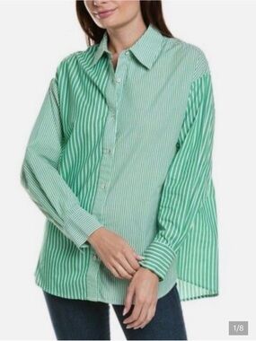 CABI green and white striped button down Dad shirt size Small